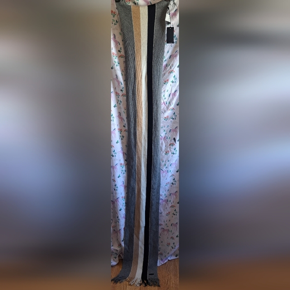 NWT Boss Tan & Grey Stripe Wool Neutral Causal Unisex Preppy Scarf Wrap - Picture 4 of 11